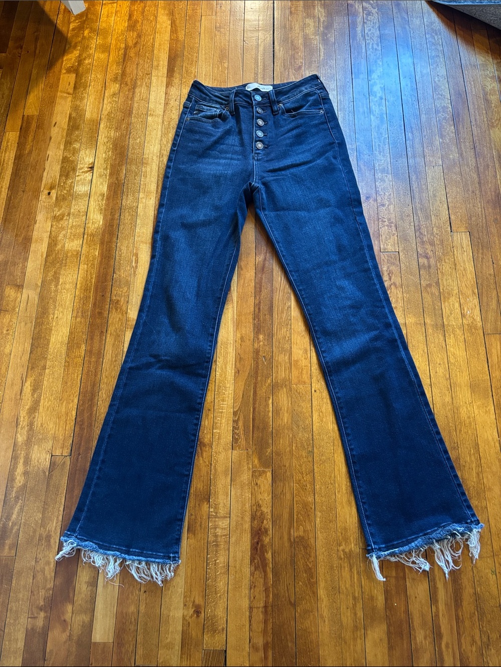 KanCan Dark Blue Button-Fly Flare Jeans with Frayed Hem